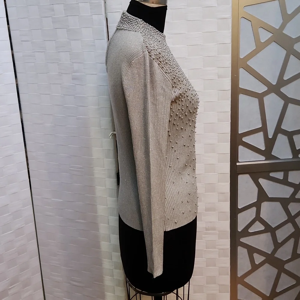 Vintage Silver Beaded Belldini Silk Sweater - Size Medium - Picture 6 of 13